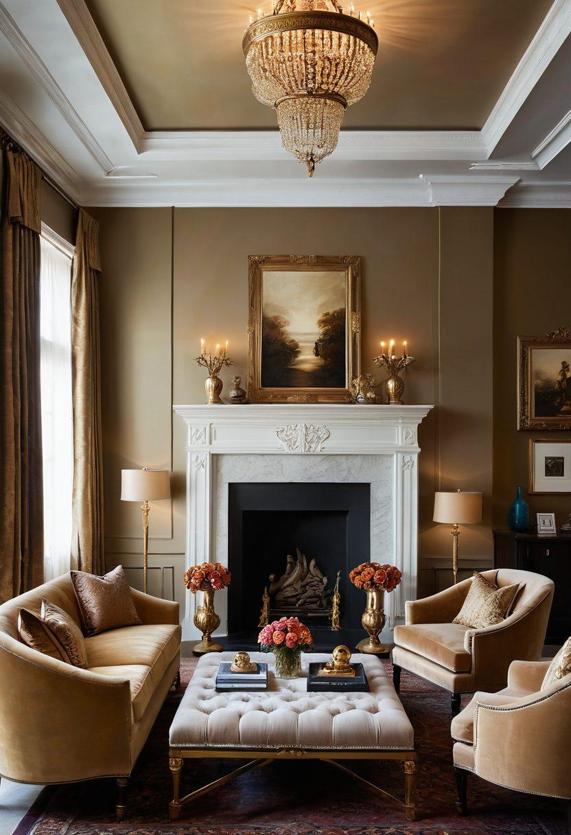 A luxurious living room interior featuring a beautifully upholstered chaise lounge and elegant armchairs, surrounded by soft, ambient lighting and rich textures. Include lush textiles like velvet and silk, with decorative pillows adding comfort. The color palette should be warm and inviting, with hints of gold accents. Showcase stylish decor elements like an ornate coffee table and an art piece on the wall. super-realistic. vibrant colors. cozy atmosphere.