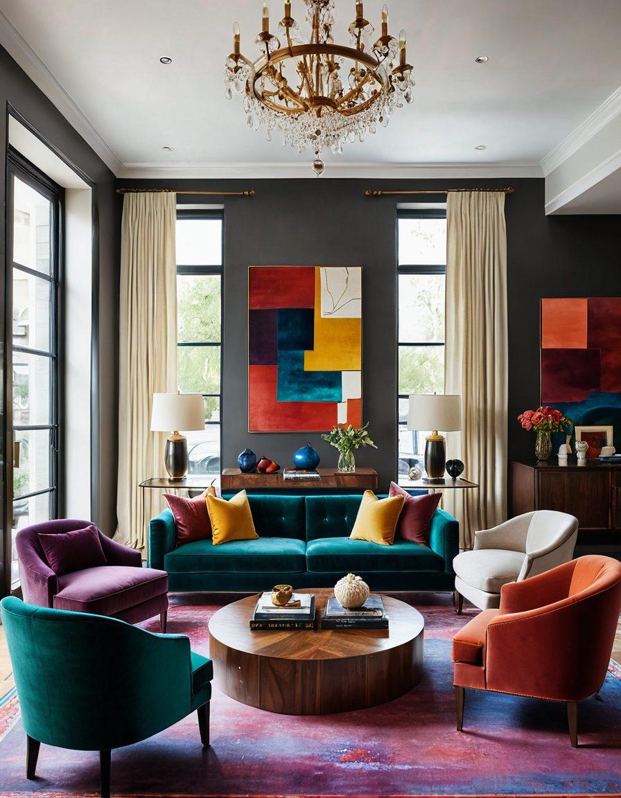 A sleek modern living room seamlessly transitioning into a luxurious bespoke design, showcasing stylish furniture and decor in both areas. Include elements like a contemporary sofa and plush velvet armchairs, a wooden coffee table with design books, and a vibrant art piece on the wall. Soft natural light pours in from large windows, highlighting textures and colors. The atmosphere should exude comfort and sophistication. super-realistic. vibrant colors. 3D.